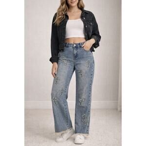 Austin Landing Cross Patch Denim Jeans Juniors 5 Y2K Grunge Gothic Frayed Hem